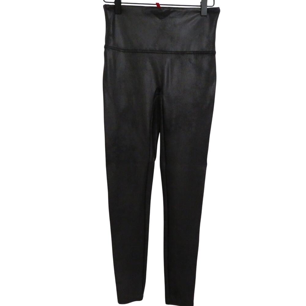 SPANX Womens Sz L Black Faux Leather High Waisted Leggings Shaping Fit